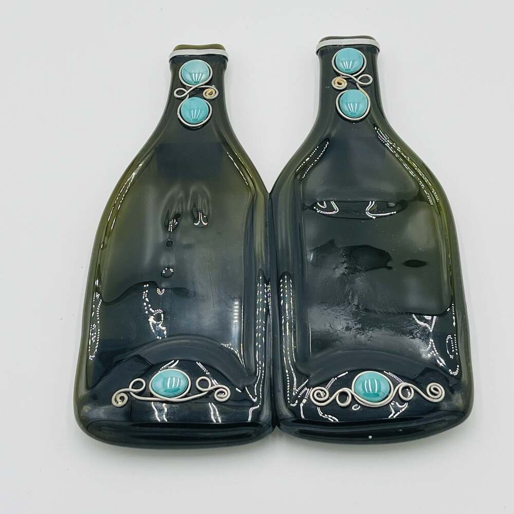 Kiln Fused Wine Bottle Art Glass Decor Turquoise Accents Set of 2 Bottles